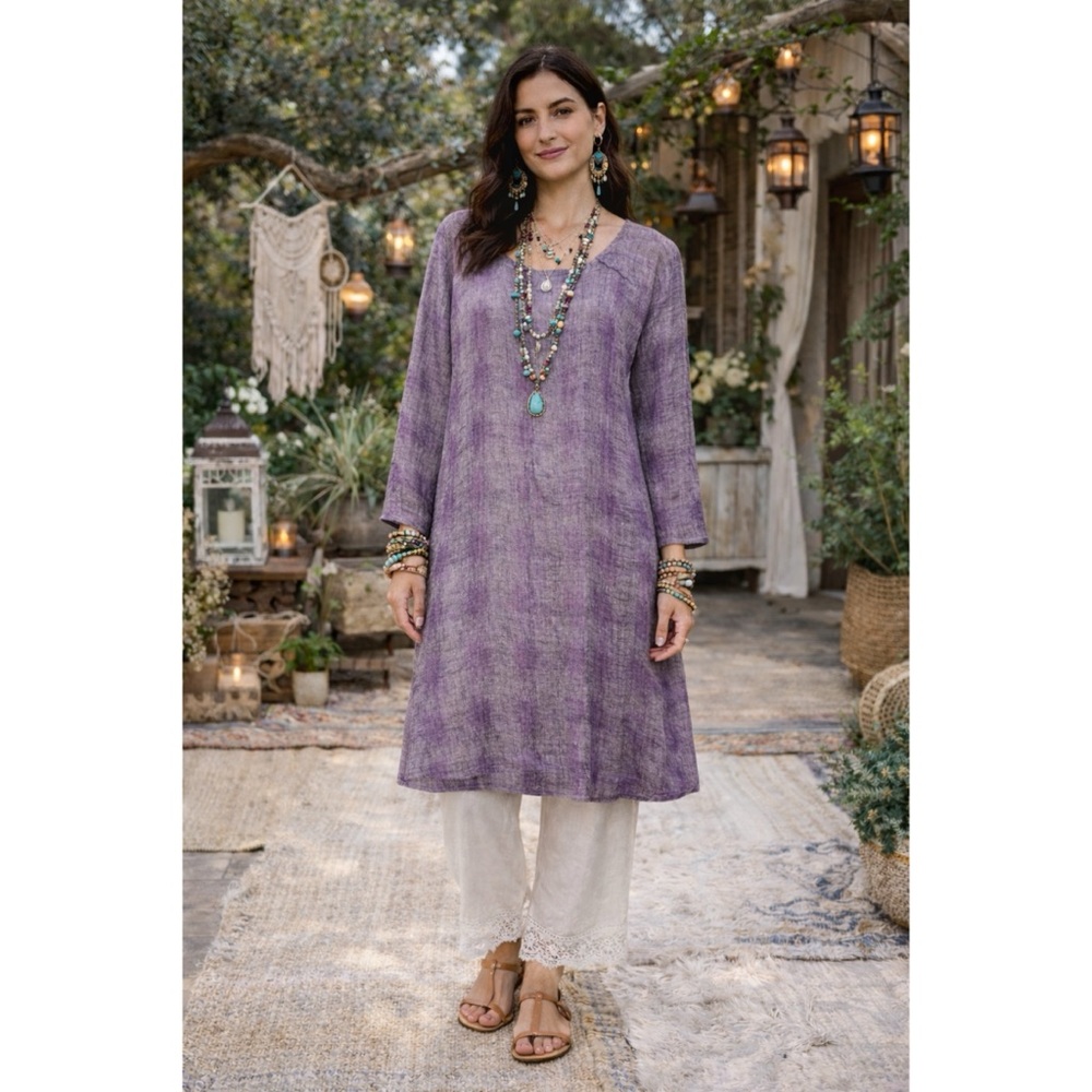 Chalet et cécí Linen Blend Dress Lagenlook Boho Long Sleeve Sz XL